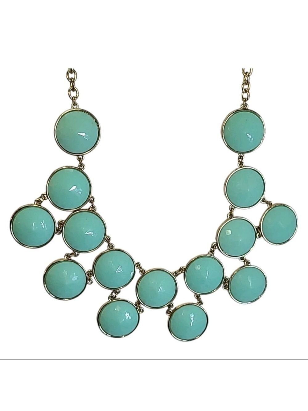 Gold Tone Turquoise Blue Acrylic Cabochon Bib Statement Necklace 17"-20" - Picture 6 of 7